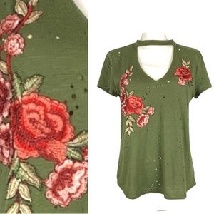Say Anything Green Laser Cut w/Floral Embroidered Choker w/ V-neck Top Large